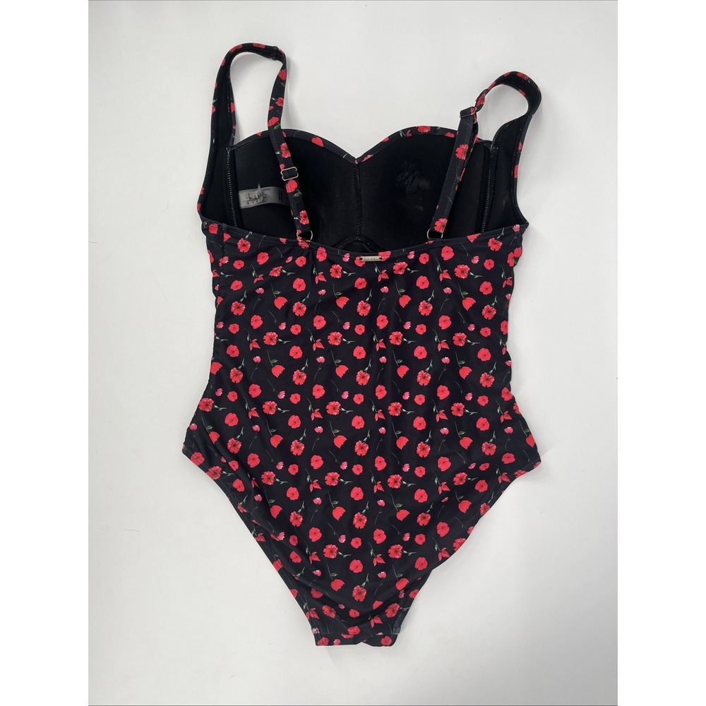 Nicole Miller Womens LG Bandeau One-Piece Swimsuit Ruched Sweetheart Red Floral - Picture 3 of 6